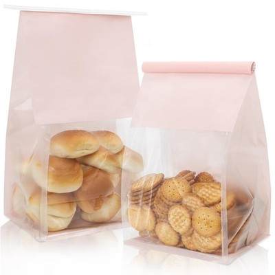 50 PCS Pink Paper Bakery Cookie Bread Bags With Window Tin Tie 6.3x5.1x10.2