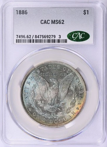 1886 Morgan Silver Dollar CACG MS62 Rainbow Toned Reverse Magnificent Coloring
