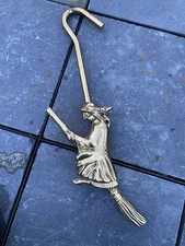 VTG MCM Brass Witch on Broom Fireplace Damper Hook  12”x2.75”