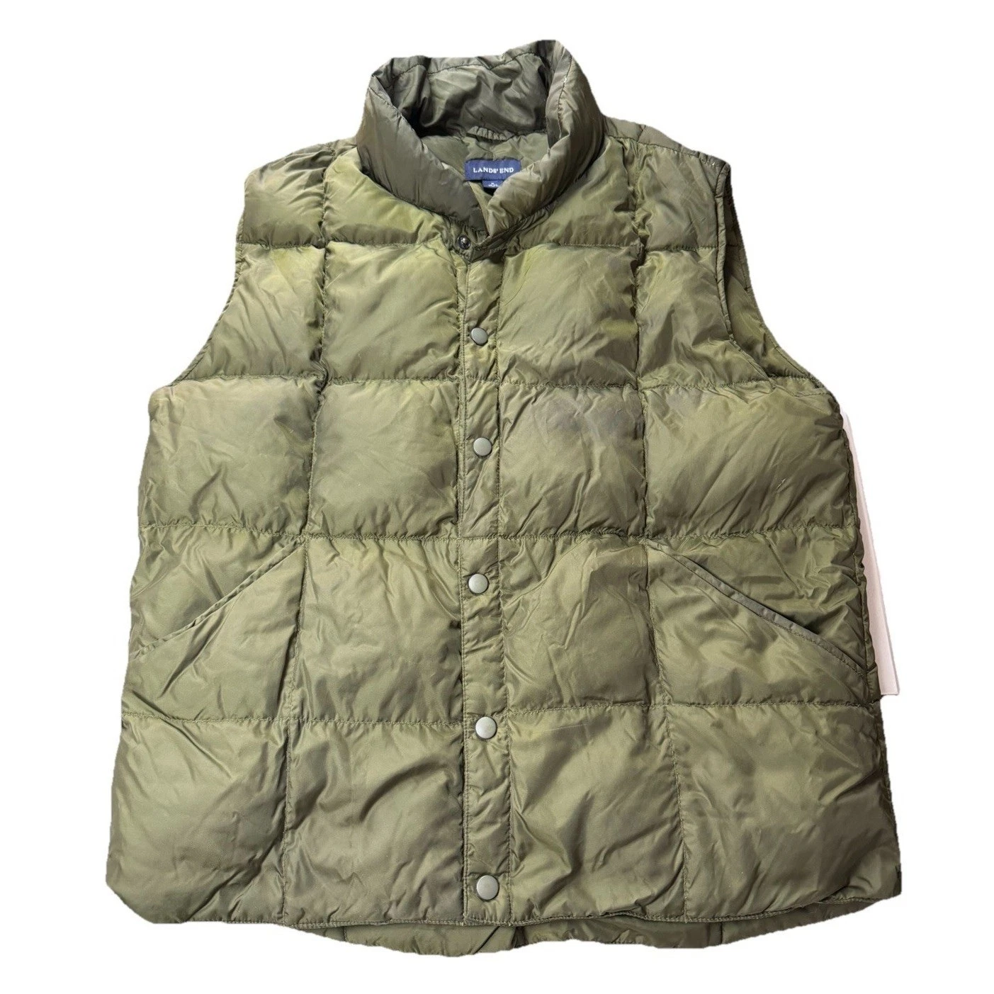 Lands End Mens Olive Green Down Puffer Vest Quilted Snap Front Size M 38-40