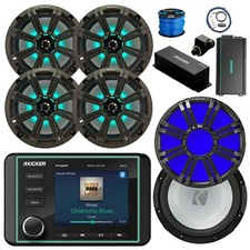 Kicker KMC5 Marine WB Radio,4x 8" LED Charcoal Speaker,Amp,LED Sub,Remote,Wire