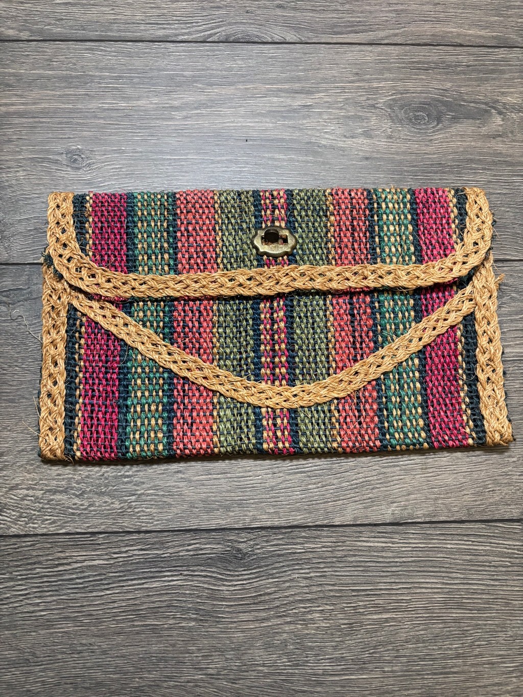 Woven Straw Tan Multicolor Envelope Clutch Bag