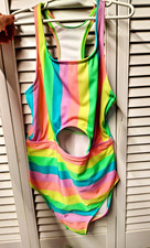 NWT Cat  Jack Girls XL 14 Rainbow Stripe One Piece Swimsuit UPF 50 
