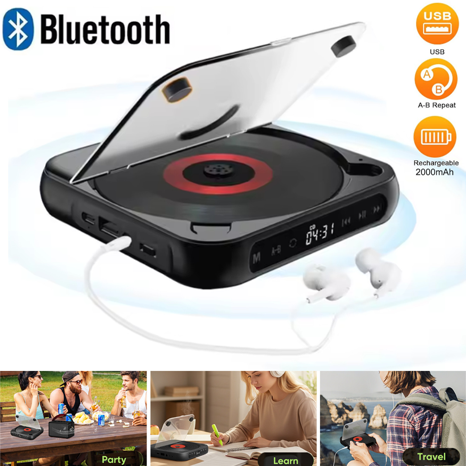 CD Player Portable Bluetooth Speaker Rechargeable Stereo Player for Home US