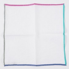 Roda White Linen Pocket Square with Four-Color Border NWT Imperfect