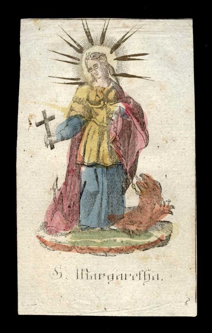 santino incisione 1700 S.MARGHERITA DI ANTIOCHIA V.M.  dip. a mano