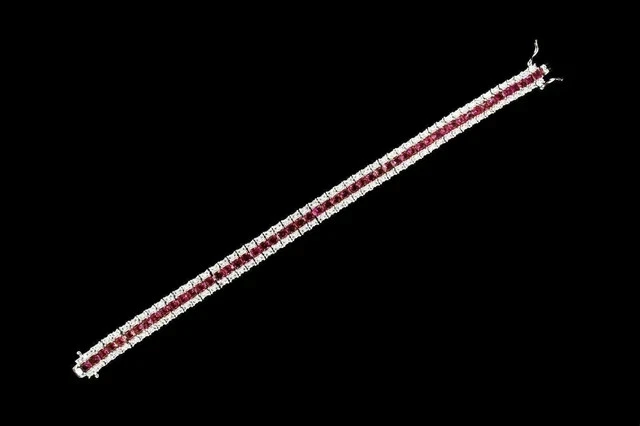 20 Ct Princess Lab Created Red Ruby Men's Tennis Bracelet 14K White Gold Plated - Image 3 of 4