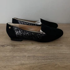 IMAN Shoes Black Glitter Accent Loafer Flats Dress Shoes Womens Size 8W Wide