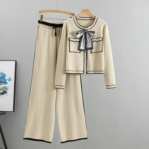 2 Piece Women O-neck Short Sweater Cardigan Sets Wide Leg Kintwear Pants Suits - Bild 5 von 30