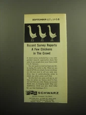 1958 F.A.O. Schwarz Toys Ad - Recent survey reports a few chickens in the crowd
