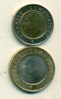 2 NICE AU-UNC BI-METAL COINS from TURKEY -  50 KURUS & 1 LIRA (BOTH DATING 2010)
