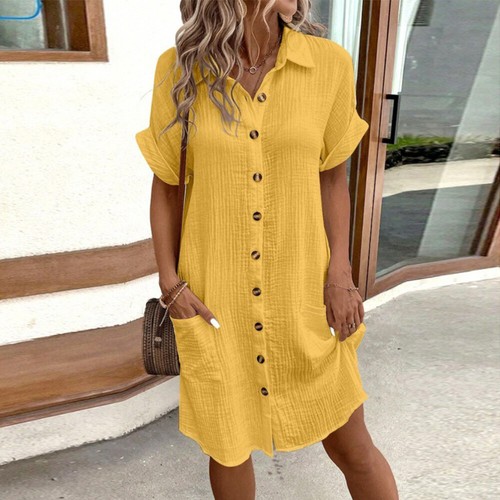 Ladies Summer Button Down T Shirt Dress Casual Short Sleeve V-Neck Shirt Dress - Picture 20 of 28