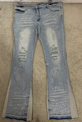 Rockstar Original Distressed Raw Hem Light Wash Bling Flare Jeans RSM 205 Sz 42