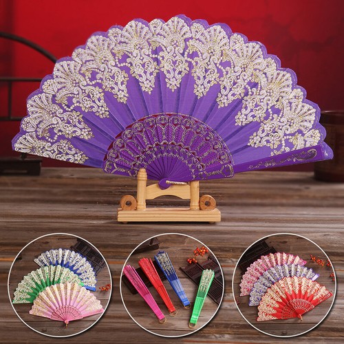 Chinese Style Folding Fan Gold Powder Hand Held Flower Dance Fan Party Wedding - Picture 2 of 33