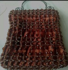 Vintage Art Deco Style Brown Satin Iridescent Beaded Hand Bag,Purse Evening Wear
