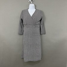 Ann Taylor Dress Womens 4 Petite Black Geometric V Neck 3/4 Sleeve Fit & Flare