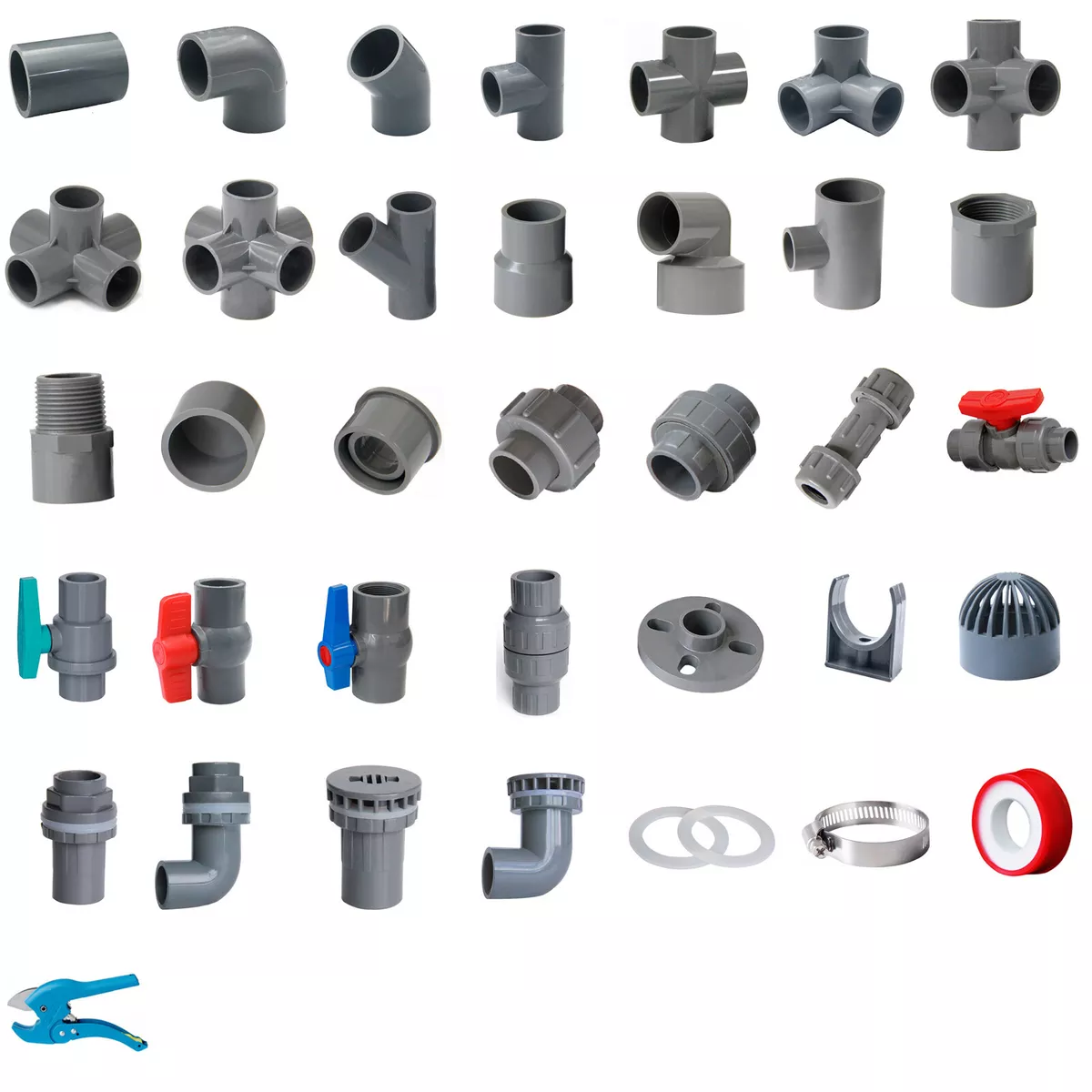 Grey PVC 40mm ID Pressure Pipe Fittings Metric Solvent Weld Various Parts