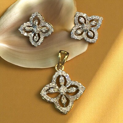 Set Pendentif Et Boucles D'oreilles En Or 14K (585) Avec Diamants 0,60 Ct - Naturels, Couleur G, Clarté SI1