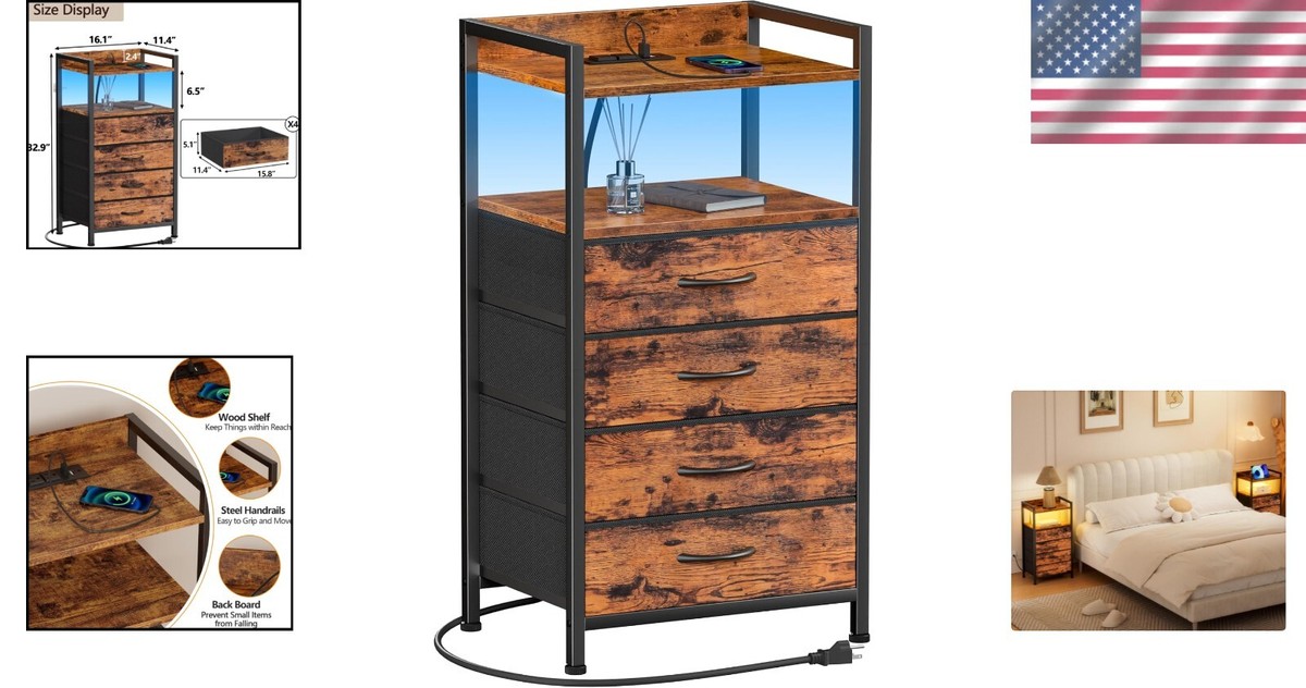 Stylish Bedroom Dresser with Charging Station and Wooden Shelf - Rustic Brown | eBay Stylish Bedroom Dresser with Charging Station and Wooden Shelf - Rustic Brown | eBay