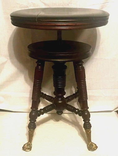 Antique Adjustable Wood Piano Stool with Glass Ball & Claw Feet