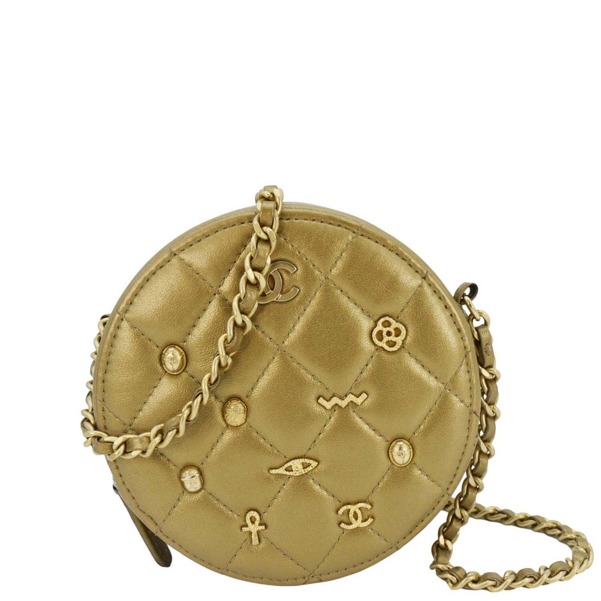 CHANEL Egyptian Amulet Round Quilted Metallic Lambskin Chain CHANEL Egyptian Amulet Round Quilted Metallic Lambskin Chain