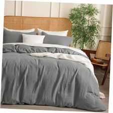 100 Cotton Muslin Duvet Cover Set Queen Size,3 Pcs Queen Size  90" 90" Grey