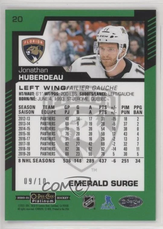 2020-21 O-Pee-Chee Platinum Emerald Surge /10 Jonathan Huberdeau #20 - Image 2 of 2