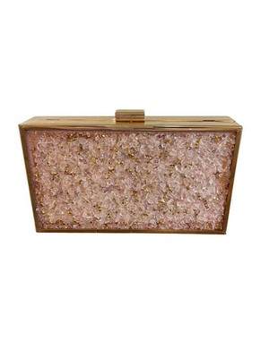 Pink Crystal Evening Clutch Bag Gold Frame & Chain Strap Sparkly Formal Purse