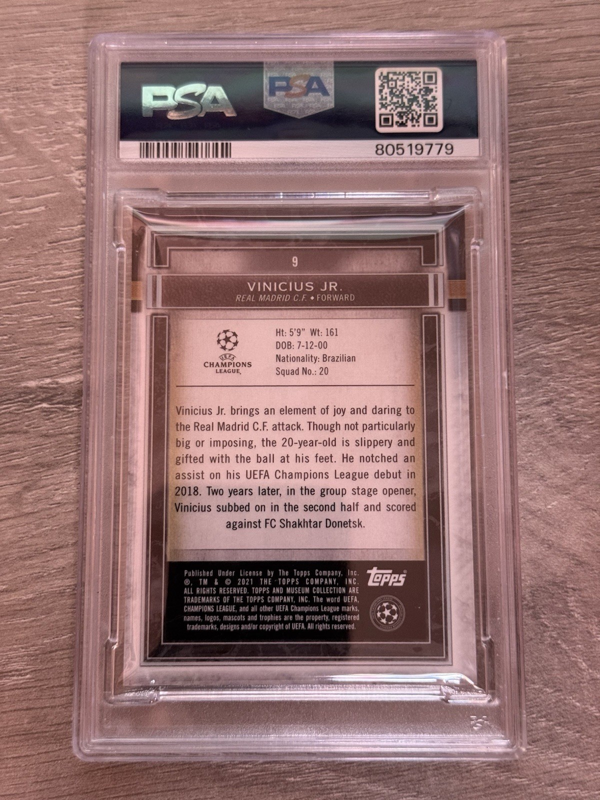 Topps Museum Collection UCL Vinicius Jr Real Madrid #9 Sapphire /75 PSA 9 view 2