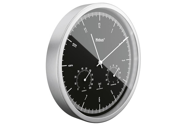 Funkwanduhr Leise Thermo Hygrometer Silber Schwarz Ø25Cm Aluminium-image