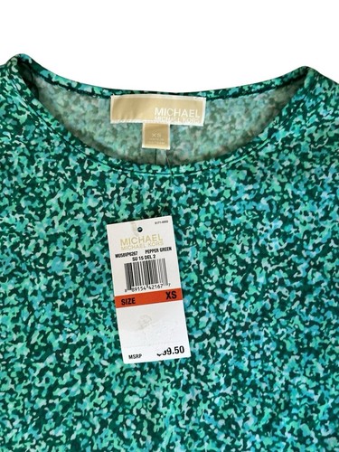 NWT $99.50 MICHAEL KORS Rain Print Flare Jersey Dress Pepper Green XS Spring - Picture 2 of 5