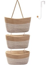 Over the Door Hanging Basket for Organizing 3 Tiers Woven Cotton Rope Wall Mo...