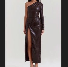 HOUSE OF CB Octavia brown leather one shoulder maxi dress sz S