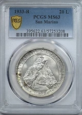 1933-R San Marino 20L Lire PCGS MS63