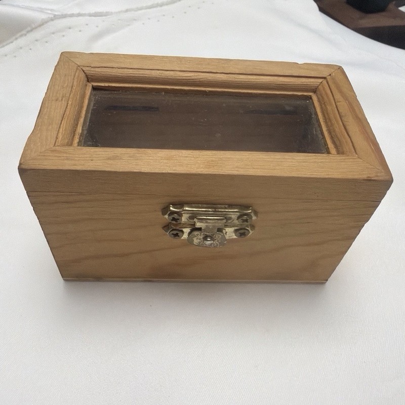 Small antique natural wood chest with a glass top for storing items (2 x 3.6 x 2