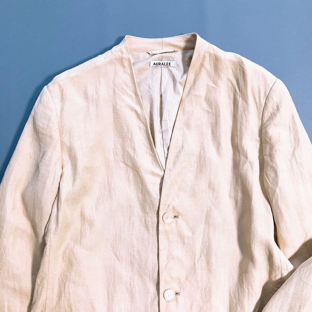 AURALEE Linen Gabardine No Collar Jacket Size 1 Yellow Beige