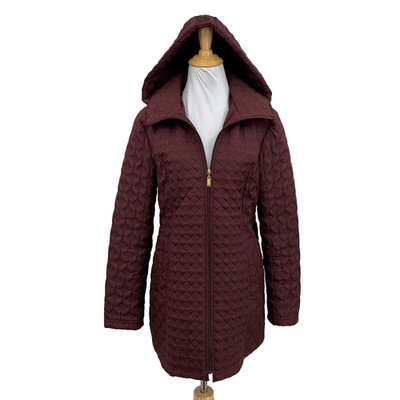 Ellen Tracy Jacket Womens M Medium Burgundy Quilted Hooded Long Sleeve Full Zip