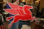 Large 42" Vintage Mobil T-53 Pegasus Gas Station 2 Sided Porcelain Metal Sign