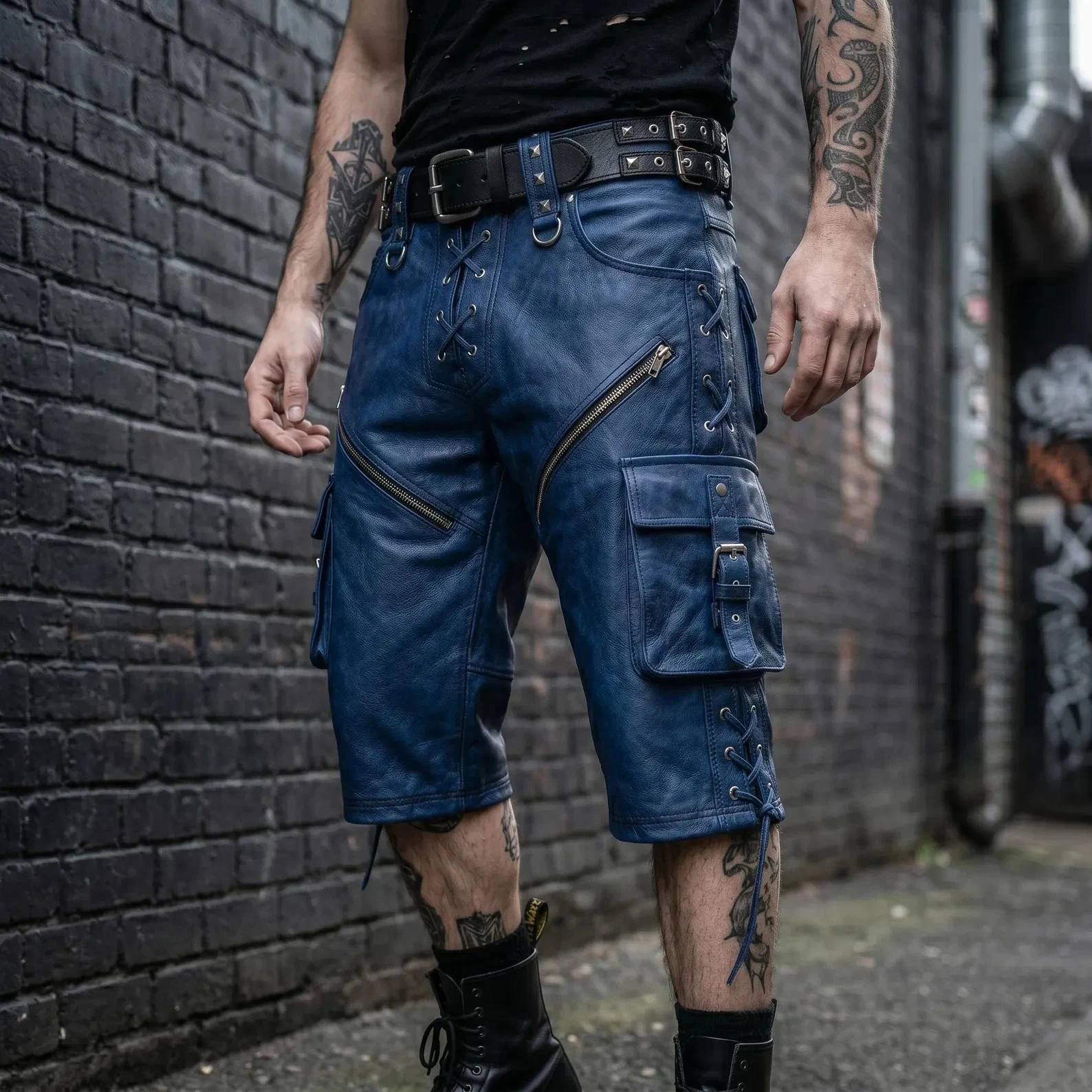 Men's Genuine Blue Cowhide Leather Cargo Shorts Utility Biker Gothic Fastival