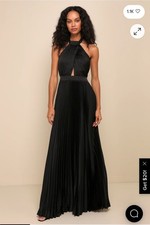 Lulu  s Xs Midnight Moves Black Pleated Satin Cutout Halter Maxi Dress NWT