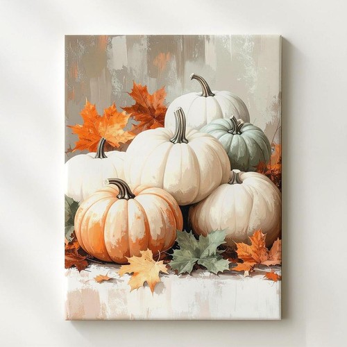 Weiß, Orange & Salbei Kürbis Leinwand Rustikal Elegant Herbst Stillleben Wandbild