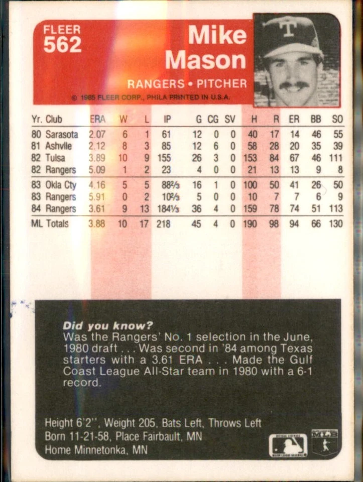 1985 Fleer  Rangers  #562 Mike Mason Auto/Signed in Person - Image 2 of 2
