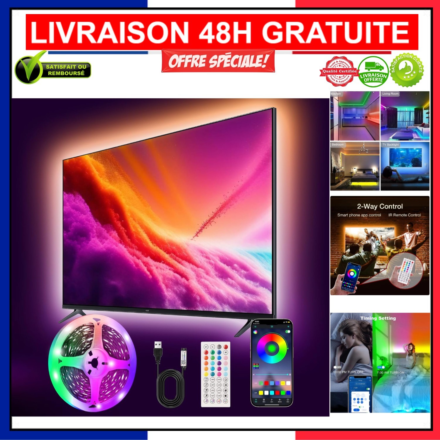 Ruban LED multicolore 3m pour ambiance gaming et rétroéclairage TV