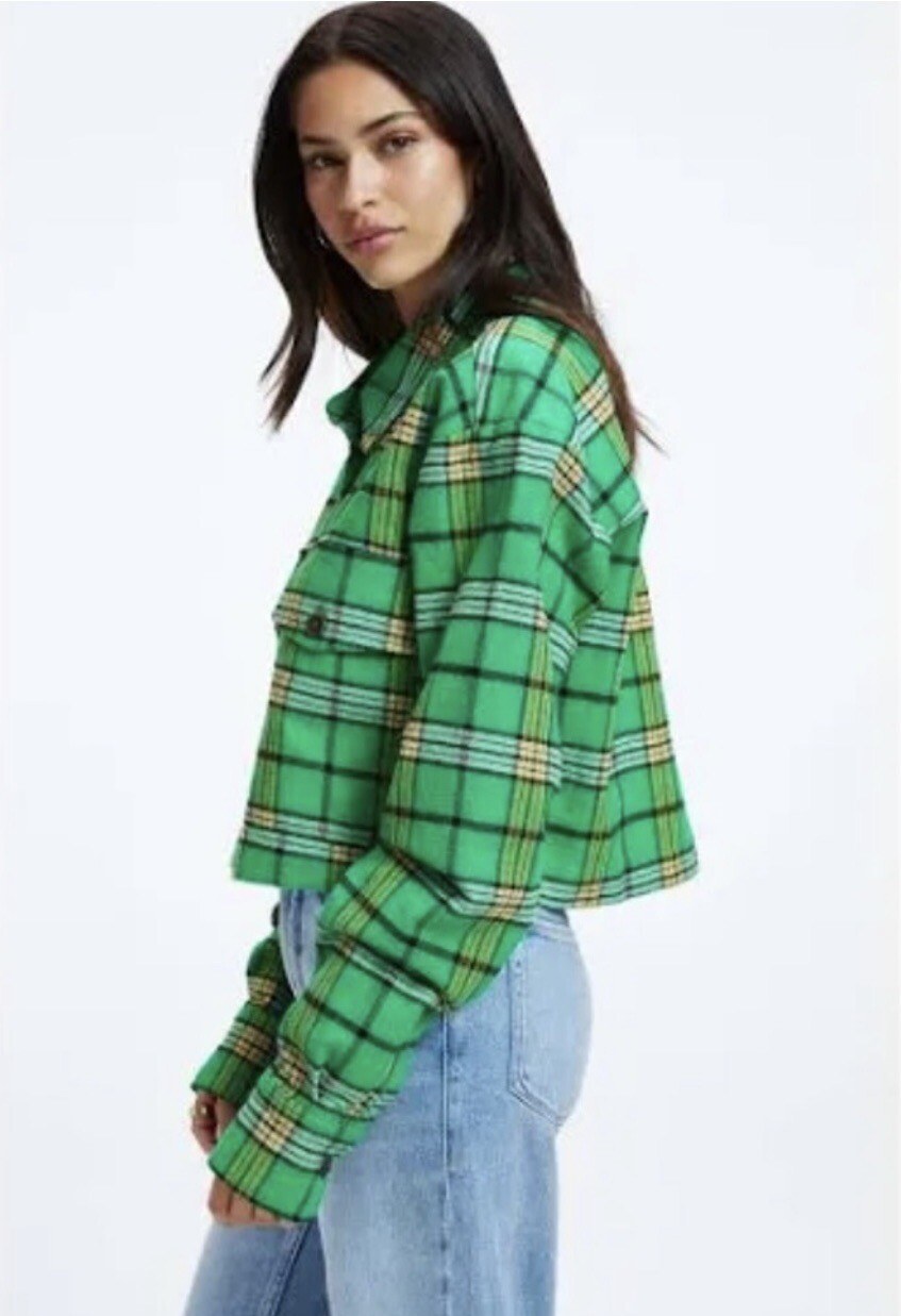 NWT! Good American Cropped Tartan Jacket Top in Green Black Plaid - Size 1 (Sm)