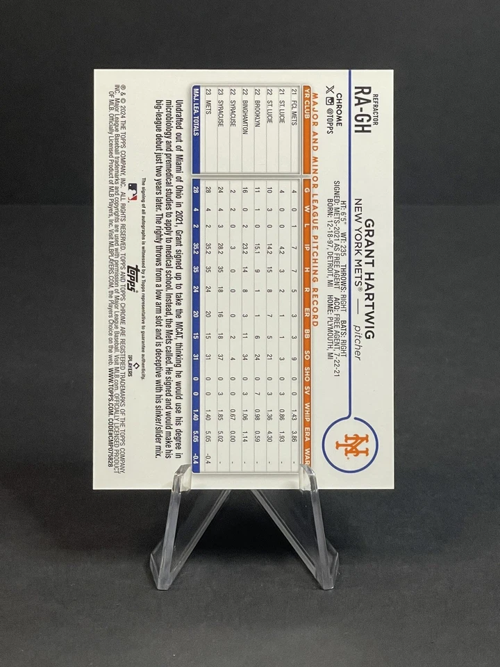 2024 Topps Chrome #RA-GH Grant Hartwig Rookie Auto Refractor 020/499 🔥 NY Mets - Image 2 of 3