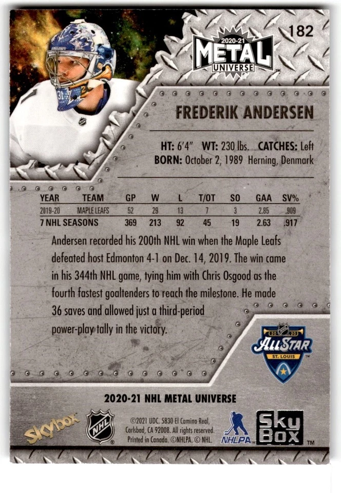 2020-21 Skybox Metal Universe All-Stars Frederik Andersen #182 Toronto Maple - Image 2 of 2
