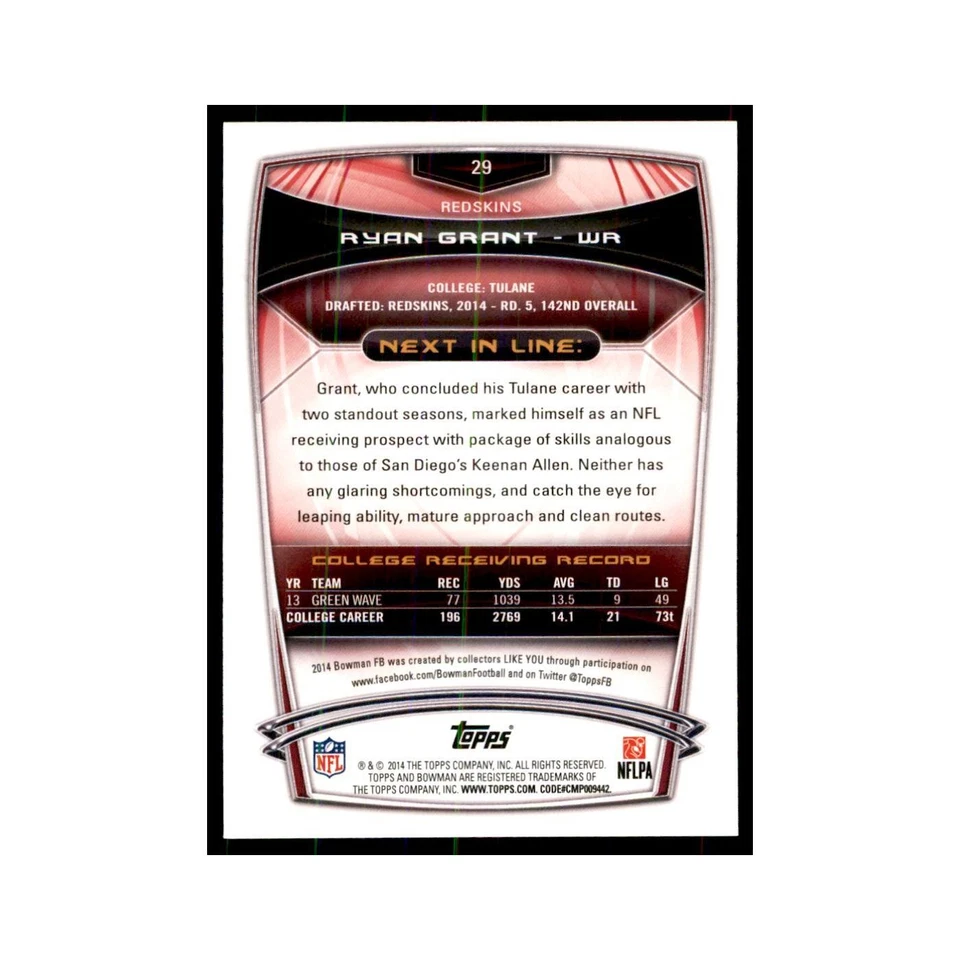 2014 Bowman Ryan Grant RC Football Cards #29 - Image 2 of 3