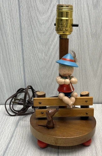 Vintage Underwriters Laboratories Inc. Childs Lamp Wood Dog Playing Flute READ