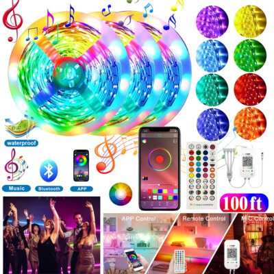 100 ft LED Strip Lights 5050 Music Sync Bluetooth Remote Room Light Waterproof