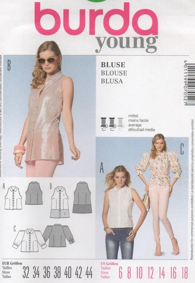 Burda Sewing Pattern 7052 Shirt Top Sleeveless Cut-in or Puff Sleeve Sz 6-18 NEW - Image 4 of 4